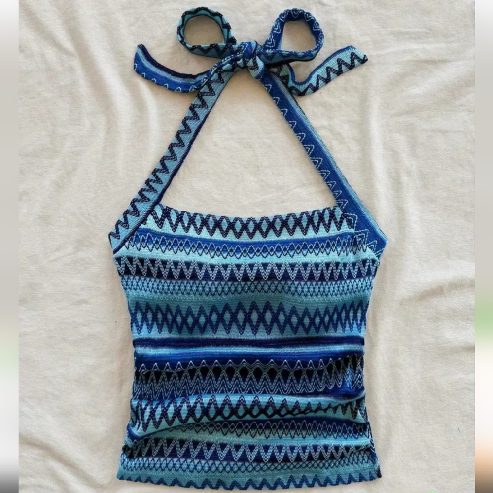Blue Patterned Halter Top - image 2
